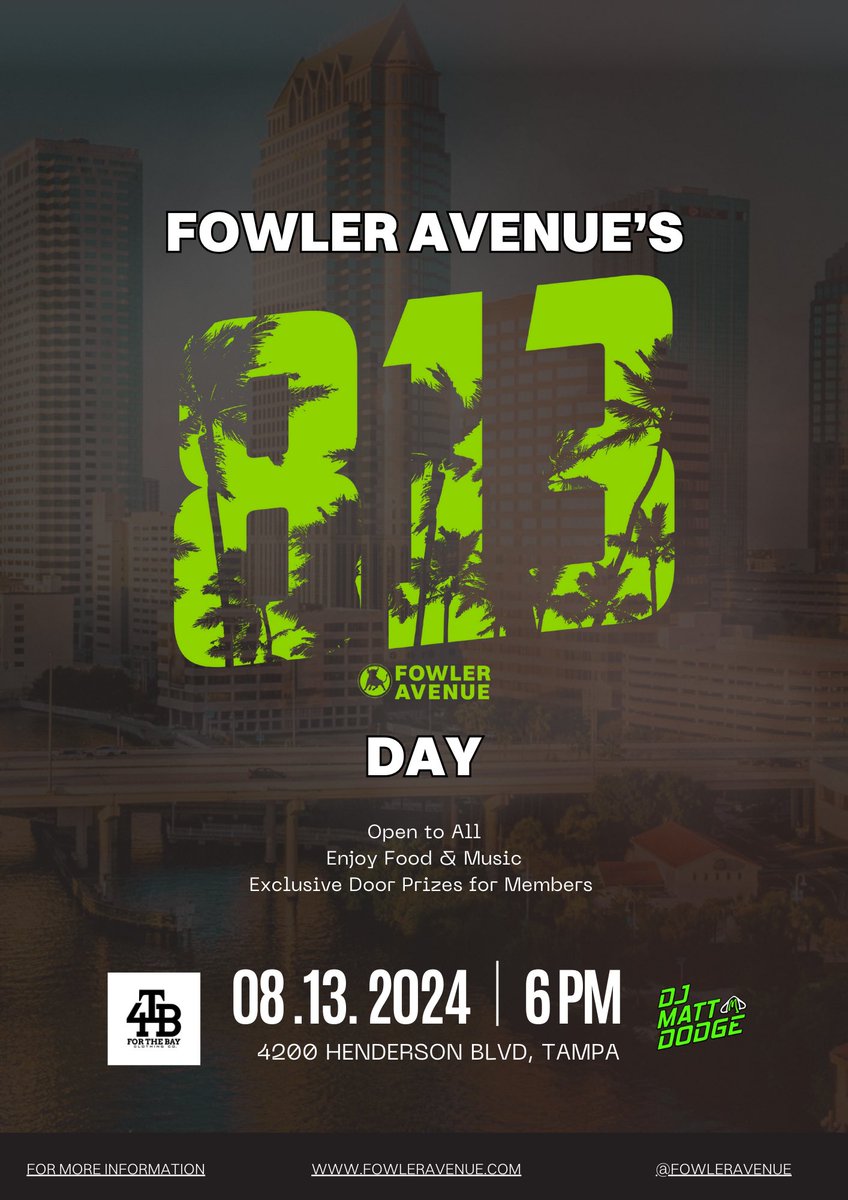 Mark your calendars for Fowler Avenue’s 813 Day on August 13!
<a href="/FowlerAvenue/">Fowler Ave Collective🤘</a> and @forthebayclothingco are coming together for an amazing day filled with exclusive door prizes, a brand new limited-time release, and fun for everyone!