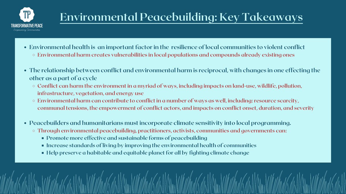 This post concludes our exploration of environmental peacebuilding this month. As a cursory review of the subject, TP would like to highlight some of the important takeaways from our focus on the environment and conflict these past few weeks.  #ClimateChange #ClimateAction