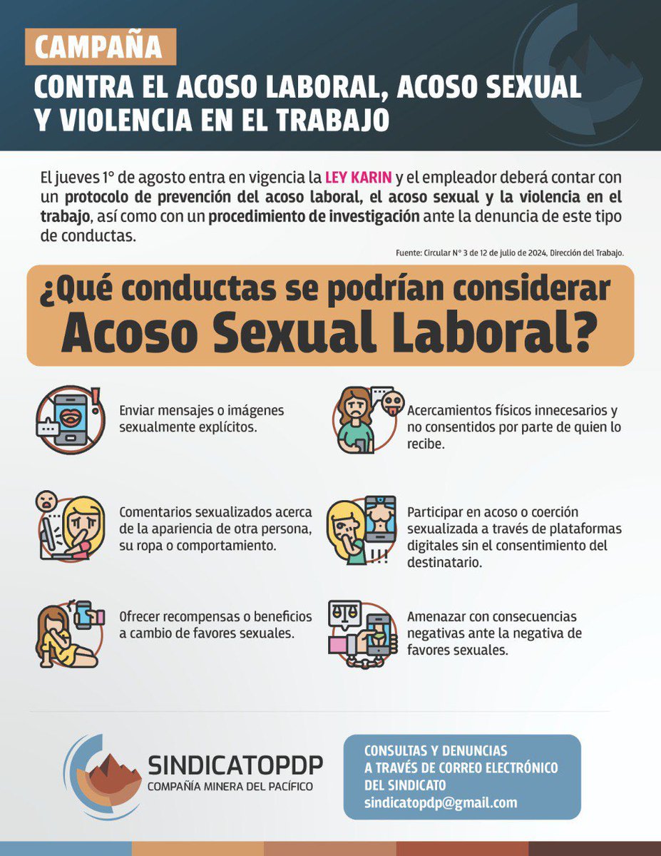 🚩 [CAMPAÑA] Ley Karin: Conoce qué casos podrían constituir Acoso Sexual Laboral en el Trabajo. 

Comparte y ayuda a su difusión con tus equipos de trabajo.

Revisa la campaña completa en sindicatopdp.cl/2024/08/08/cam…