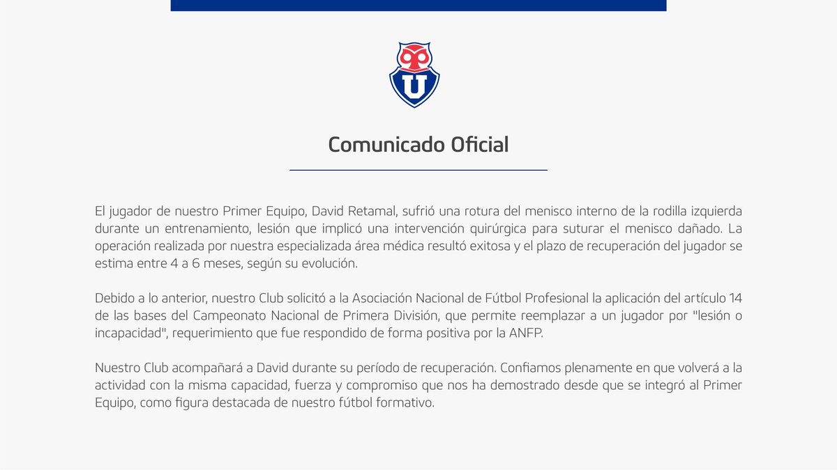 udechile's tweet photo. 📝 Comunicado oficial: David Retamal https://t.co/jFOaZxSHIK