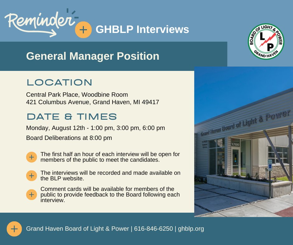 🆁🅴🅼🅸🅽🅳🅴🆁 The GHBLP General Manager's position interviews are in a Public Special meeting with 3 candidates on August 12. The public can provide comments by email or attending the meeting in person.
Visit ow.ly/Ex4850SRZoX for the agenda &amp; public notice.