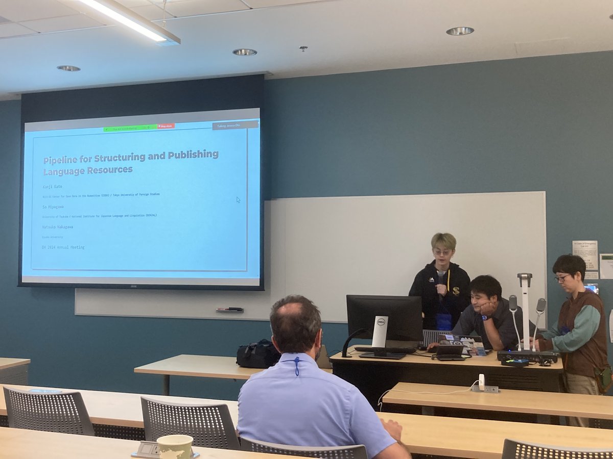 Successfully finished our presentation "Pipeline for the Structuring and Publication of Language Resources" with Kanji Kato and So Miyagawa in #DH2024 !
Photo taken by Dr Takehiro Hashimoto.