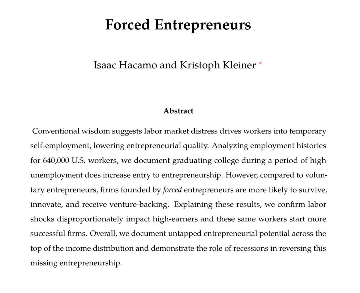 America's top college talent flows to banking &amp; consulting because of the $, at the cost of innovation

How do we know? When those jobs disappear due a bad economy, they are forced to become entrepreneurs instead &amp; they actually outperform the folks who normally launch startups!