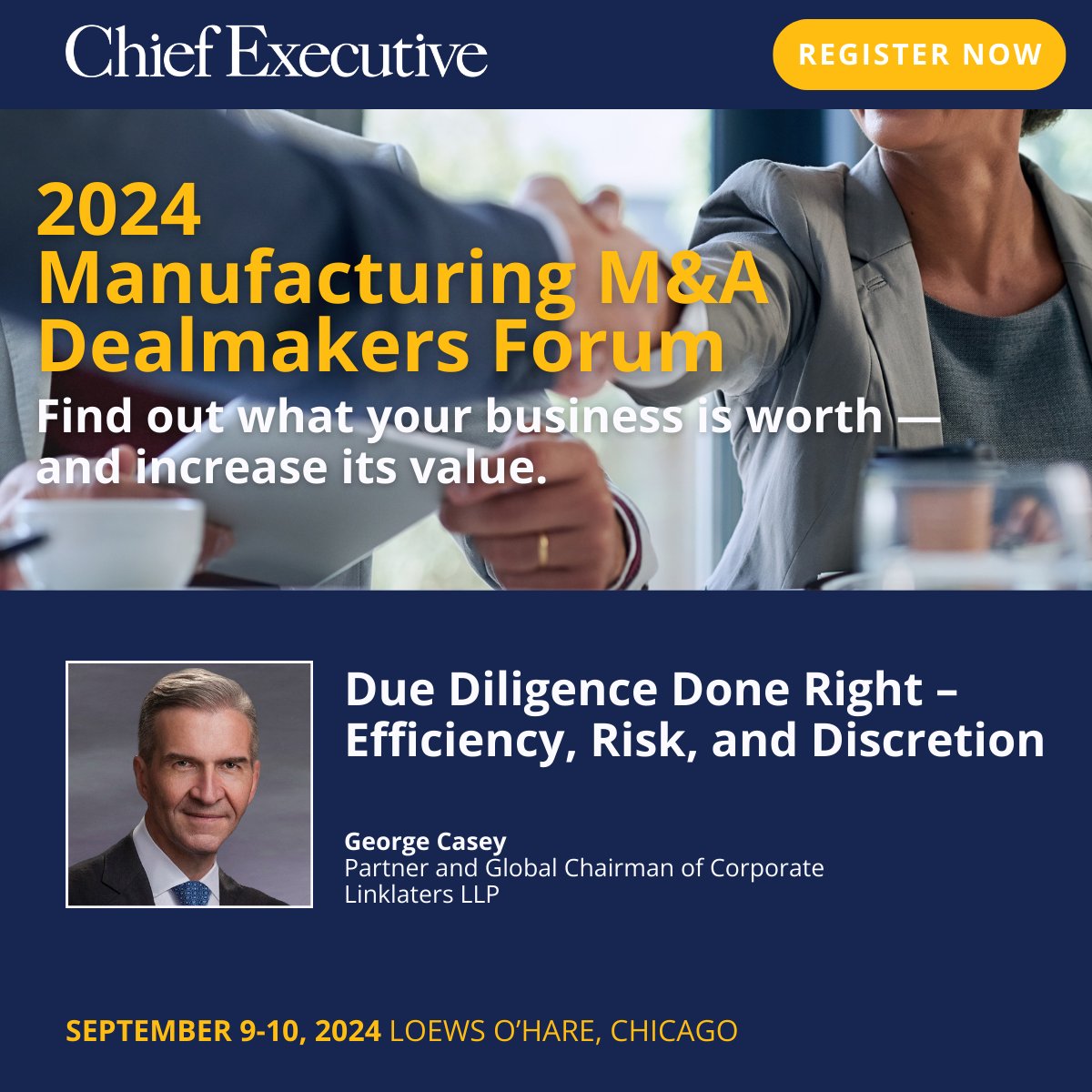 Chief Executive (@chiefexecgrp) on Twitter photo Explore ways to maintain deal momentum with a top M&A expert, George Casey of <a href="/LinklatersLLP/">Linklaters LLP</a>, at the Manufacturing M&A Dealmakers Forum!
đź“… Sept 9-10, Loews O'Hare, Chicago
Register now: chiefexecutive.net/dealmakersforum
#Manufacturing #BusinessStrategy Explore ways to maintain deal momentum with a top M&A expert, George Casey of <a href="/LinklatersLLP/">Linklaters LLP</a>, at the Manufacturing M&A Dealmakers Forum!
đź“… Sept 9-10, Loews O'Hare, Chicago
Register now: chiefexecutive.net/dealmakersforum
#Manufacturing #BusinessStrategy