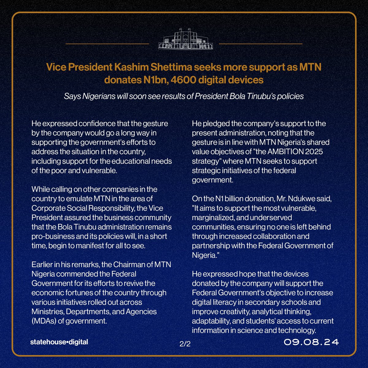 Vice President Kashim Shettima seeks more support as MTN donates N1bn, 4600 digital devices

Says Nigerians will soon see results of President Bola Tinubu's policies