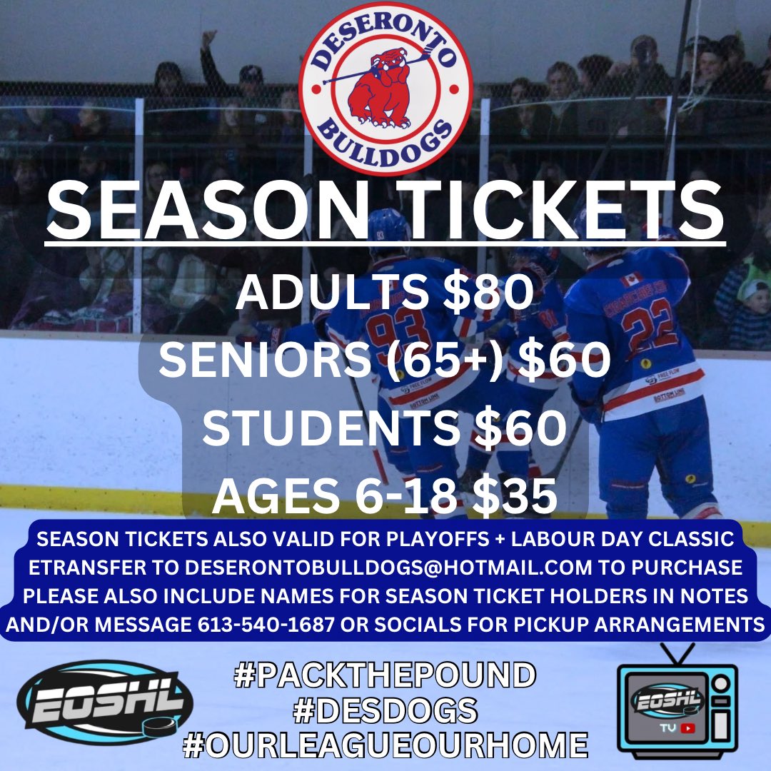 Bulldogs_NPHL's tweet photo. 🔵🔴🔵 SEASON TICKETS 🔵🔴🔵
• PRESEASON ✔️ • REGULAR SEASON ✔️
• PLAYOFFS✔️ ALL INCLUDED❗️
#PackThePound | #DesDogs
Eastern Ontario Super Hockey League | EOSHL TV | Town of Deseronto | Tyendinaga Township | The Mohawks of the Bay of Quinte https://t.co/AdZYBCKIyu