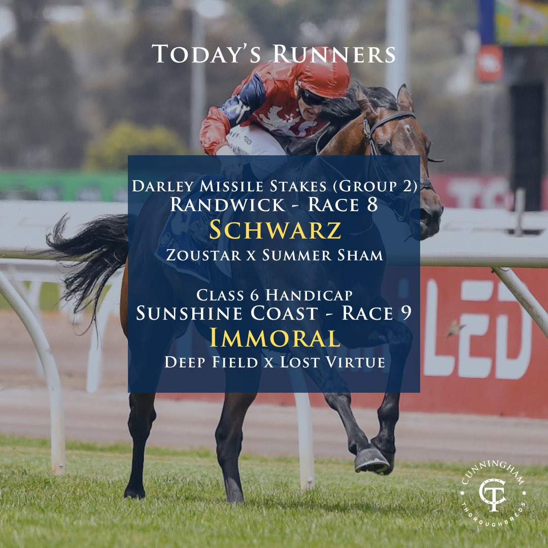 Cunningham Thoroughbreds (@cunninghamtbred) on Twitter photo SCHWARZ is a leading hope in the Group 2 Missile Stakes today at Randwick and IMMORAL heads to the Sunshine Coast’s metropolitan meeting. SCHWARZ is a leading hope in the Group 2 Missile Stakes today at Randwick and IMMORAL heads to the Sunshine Coast’s metropolitan meeting.