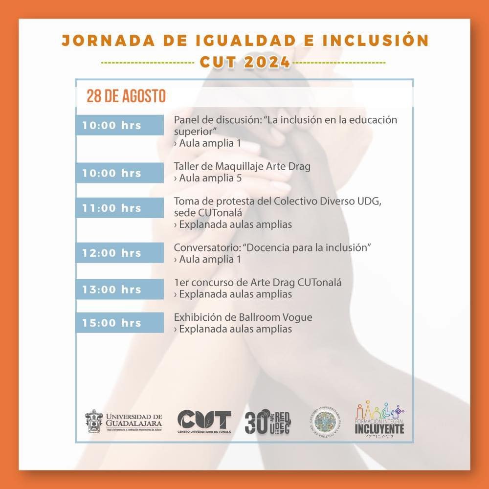 Invitamos a toda nuestra #ComunidadCUT a participar en las diversas actividades académicas, culturales, deportivas y de sensibilización que tendremos en nuestra Jornada de Igualdad e Inclusión CUT 2024.
📅 Del 26 al 28 de agosto 2024.
Consulta el  programa. 👇