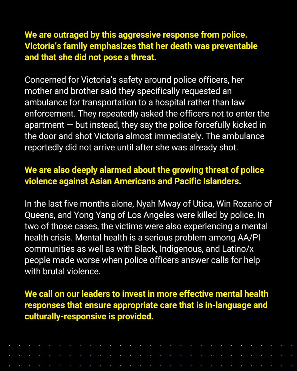 We are heartbroken by the police shooting of Victoria Lee and deeply alarmed about the broader threat of police violence against Asian Americans and Pacific Islanders — including people experiencing a mental health crisis. Read our full statement below. 👇
