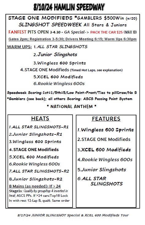 HamlinSpeed's tweet image. We are counting on Mother Nature's cooperation- 8/10/24 Schedule