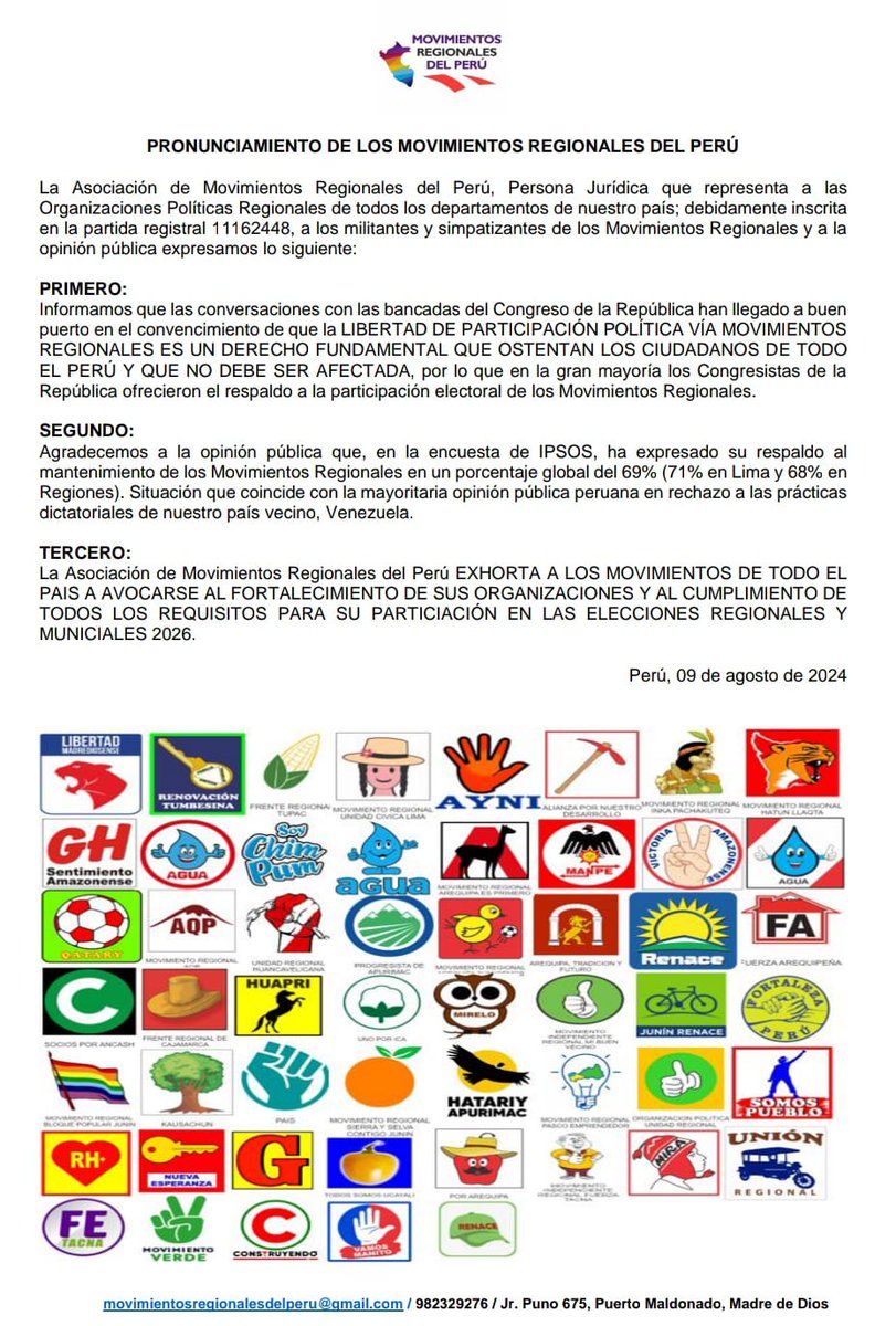 Asociación de Movimientos Regionales del Perú (@movregionales) on Twitter photo Nuestra Asociación consiguió compromisos del <a href="/congresoperu/">Congreso del Perú 🇵🇪</a> para respetar la participación electoral de los Movimientos Regionales. Ahora toca regresar a prepararnos para las elecciones! <a href="/RPPNoticias/">RPP Noticias</a> <a href="/exitosape/">Exitosa Noticias</a> <a href="/larepublica_pe/">La República</a> <a href="/peru21politica/">Peru21 Política</a> <a href="/canalN_/">Canal N</a> <a href="/ensustrece/">Semanario Hildebrandt en sus trece</a> <a href="/Latina_Noticias/">Latina Noticias</a> Nuestra Asociación consiguió compromisos del <a href="/congresoperu/">Congreso del Perú 🇵🇪</a> para respetar la participación electoral de los Movimientos Regionales. Ahora toca regresar a prepararnos para las elecciones! <a href="/RPPNoticias/">RPP Noticias</a> <a href="/exitosape/">Exitosa Noticias</a> <a href="/larepublica_pe/">La República</a> <a href="/peru21politica/">Peru21 Política</a> <a href="/canalN_/">Canal N</a> <a href="/ensustrece/">Semanario Hildebrandt en sus trece</a> <a href="/Latina_Noticias/">Latina Noticias</a>