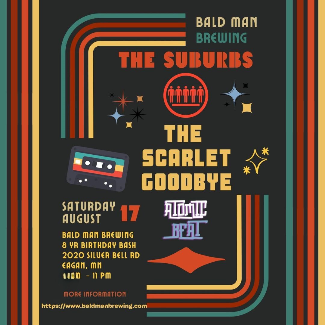 BMB's Epic Bday Bash is next Sat, 8/17! The Suburbs, The Scarlet Goodbye and Atomic Beat will rock you in our front parking lot from 3-11pm! VIP is SOLD OUT but there are still some GA tickets available at: eventcreate.com/e/thesuburbs