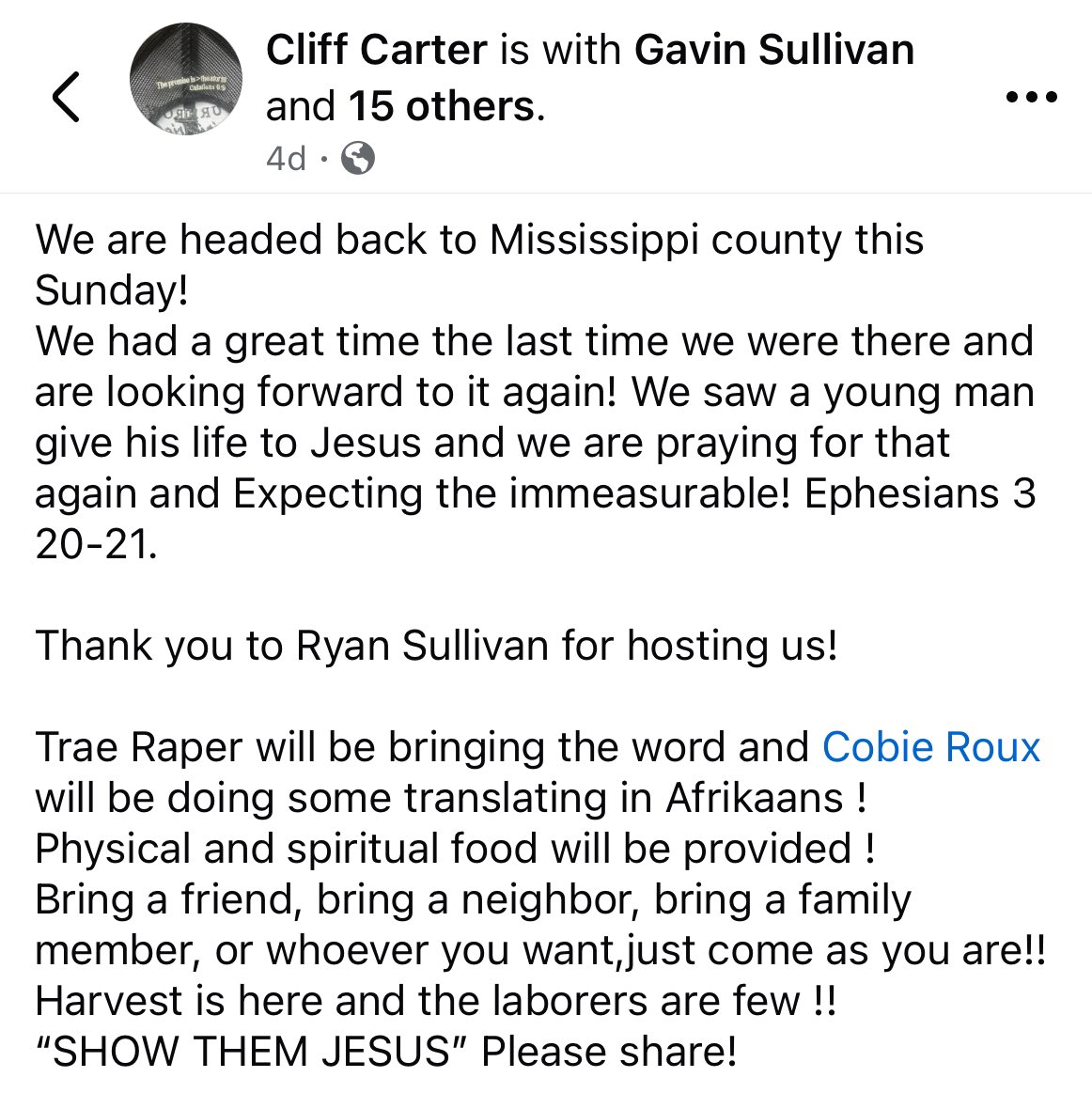 rsullivan12's tweet photo. If you haven’t seen what God is doing through this shop church Cliff Carter travels around and puts on I really encourage you to come out this Sunday at 6:30pm to our shop. Really neat deal. All are welcome and dinner will be served. Turnrow Ministry. 
RT’s appreciated https://t.co/LP1XqcXNMS