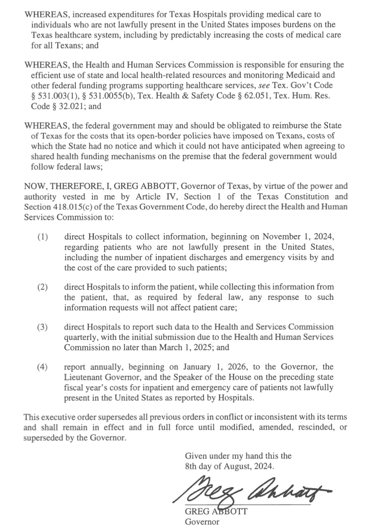 Texas will hold the Biden-Harris Admin accountable for the consequences of their costly border policies.

I issued an Executive Order directing HHSC to collect &amp; report illegal immigrants’ healthcare costs.

We’ll fight to ensure Texas is paid back.

More: bit.ly/3YyqDB8