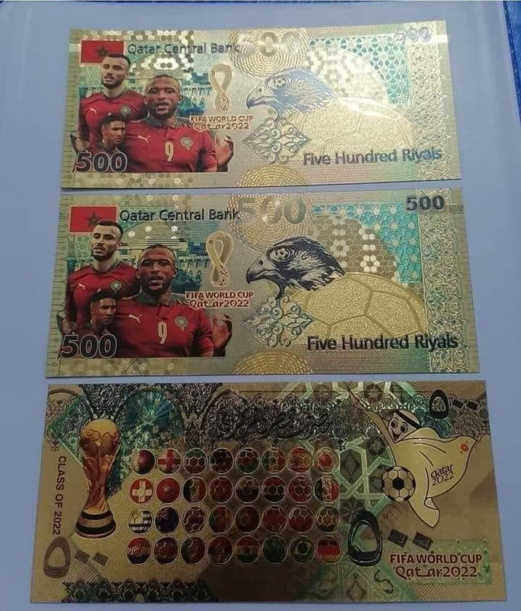 MoorishMovement's tweet photo. Billets dorés de 500 riyals émis par la Banque du Qatar commémorant la coupe du monde 2022 et l’équipe du Maroc. 🇲🇦🇶🇦 https://t.co/iusmCGDtS5