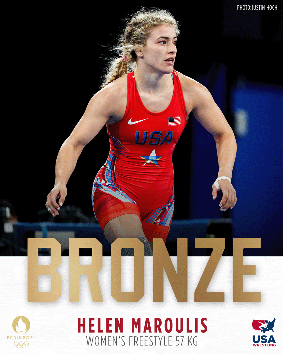 #WrestleParis 
Maroulis gets Taylor to her back for the fall at 24 seconds for the bronze! She is now the first-ever three-time women's Olympic Medalist for <a href="/TeamUSA/">Team USA</a>!!
Live @Peacock
#Paris2024