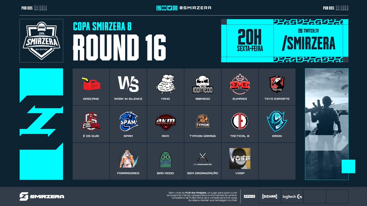 COPA SMIRZERA 8 - R16 🏆

Chegamos no último qualify para as finais da Copa SMIRZERA, onde as 9 equipes classificadas (sim, classificam 9 nesse R16) irão enfrentar Soniqs, TSM, Legacy, Luna Galaxy, Pichau, Spacestation e Bestia nas finais! 🔥

💰Prizepool: $1000 USD +