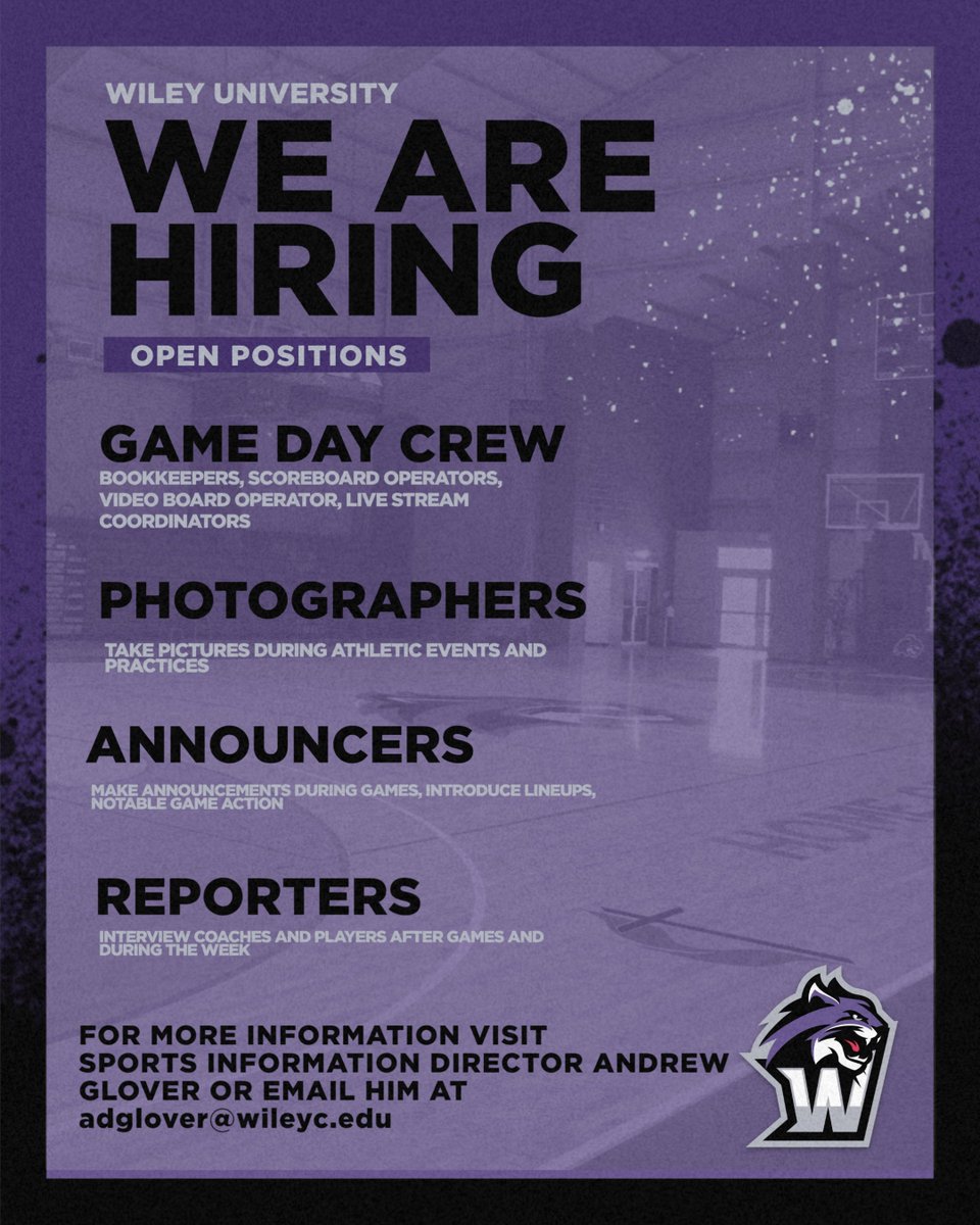 Wiley Athletics (@wileyathletics) on Twitter photo The Sports Information Office is looking for <a href="/WileyUniversity/">Wiley University</a> freshmen and sophomore work study students who will to work under the leadership of three-time conference SID of the Year Andrew Glover. For more information contact him at adglover@wileyc.edu. #FeartheClaws The Sports Information Office is looking for <a href="/WileyUniversity/">Wiley University</a> freshmen and sophomore work study students who will to work under the leadership of three-time conference SID of the Year Andrew Glover. For more information contact him at adglover@wileyc.edu. #FeartheClaws