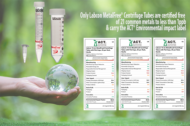 labcon's tweet photo. Labcon MetalFree® centrifuge tubes are certified to be free of 21 common metals to less than 1ppb. And these US made MetalFree® tubes also carry the independent ACT® Environmental Impact Factor label. See more at https://t.co/YHw5pS7dLr #labcon #actlabel https://t.co/NdOxtcEBn7