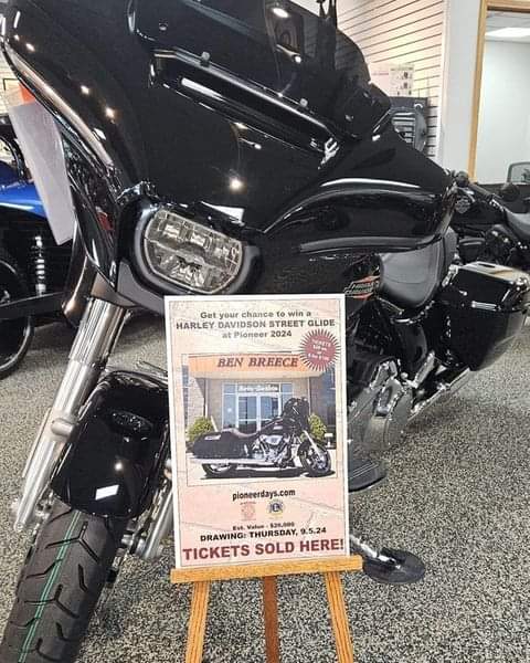 Win a  2024 Harley Davidson Street Glide! Tickets are available from Kalida Lions Club members, Kalida Vol. Fire Department firemen, Ben Breece Harley Davidson &amp; Museum / Vanderhall of NW Ohio, Thirsty's Food &amp; Spirits, &amp; Fortman's Auto &amp; RV Tickets cost $20 each or $100 for 6.