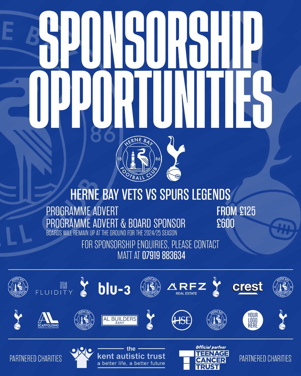 🚨 | 𝗦𝗣𝗢𝗡𝗦𝗢𝗥𝗦𝗛𝗜𝗣 𝗢𝗣𝗣𝗢𝗥𝗧𝗨𝗡𝗜𝗧𝗜𝗘𝗦

The club has some new and exciting sponsorship opportunities for both our Herne Bay Vets vs Spurs Legends game and for the 2024/25 season.

For sponsorship enquiries, please contact Matt at 07919 883634

#HBFC | #WeAreTheBay