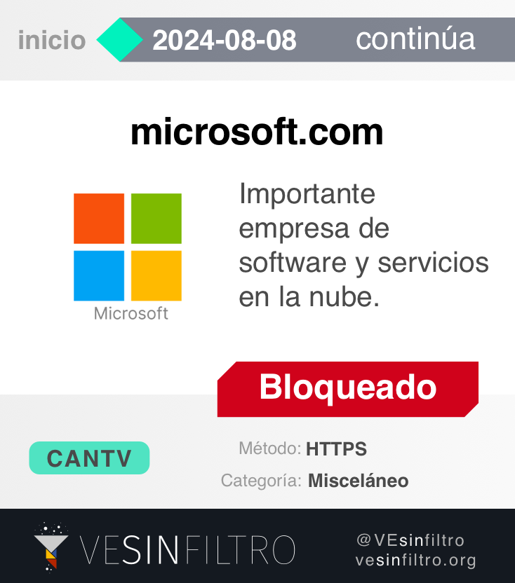 vesinfiltro's tweet photo. 🚨 Bloqueados dominios de @Microsoft impidiendo el acceso a Microsoft Teams

Hoy detectamos un bloqueo HTTPS en CANTV, compañía estatal e ISP más grande de Venezuela, contra 🛑microsoft·com que impacta a diversos servicios.

El bloqueo afecta a subdominios como teams∙microsoft∙com y accounts∙microsoft∙com, además de la página principal de la empresa www∙microsoft∙com.

Este bloqueo podría afectar el uso de otros servicios de Microsoft que requieran acceso a subdominios de microsoft⸱com