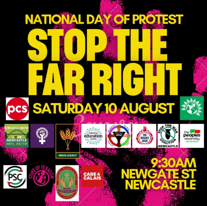 *SPEAKER ANNOUNCEMENT* 

🚨NATIONAL DAY OF PROTEST TO STOP THE FAR RIGHT! 

📢 <a href="/H4bibRahman/">Habib Rahman</a>

📢Cllr Rebecca Shatwell, <a href="/NewcastleLabour/">Newcastle Labour</a>

📢- Khaled Musharraf, <a href="/NCLGreenParty/">Newcastle Green Party</a>

📢Ed Whitby, UNISON

👉 Join us to say #NoRacismNoFascism

📆 Sat 10 August
📍 Newgate Street
⏰️ 9:30am