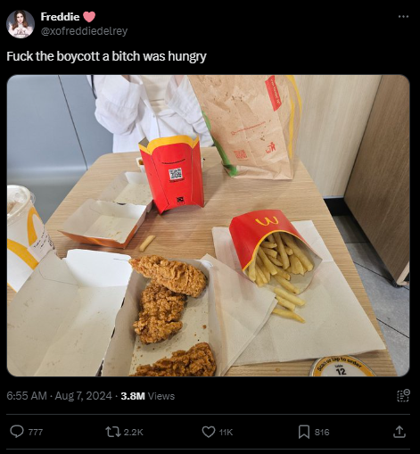 ethanmustd1e's tweet photo. How is someone so depraved of morals that they dismiss a boycott because they were hungry? Genuinely disgusting. #CeasefireNOW https://t.co/6wHRR4IuGY