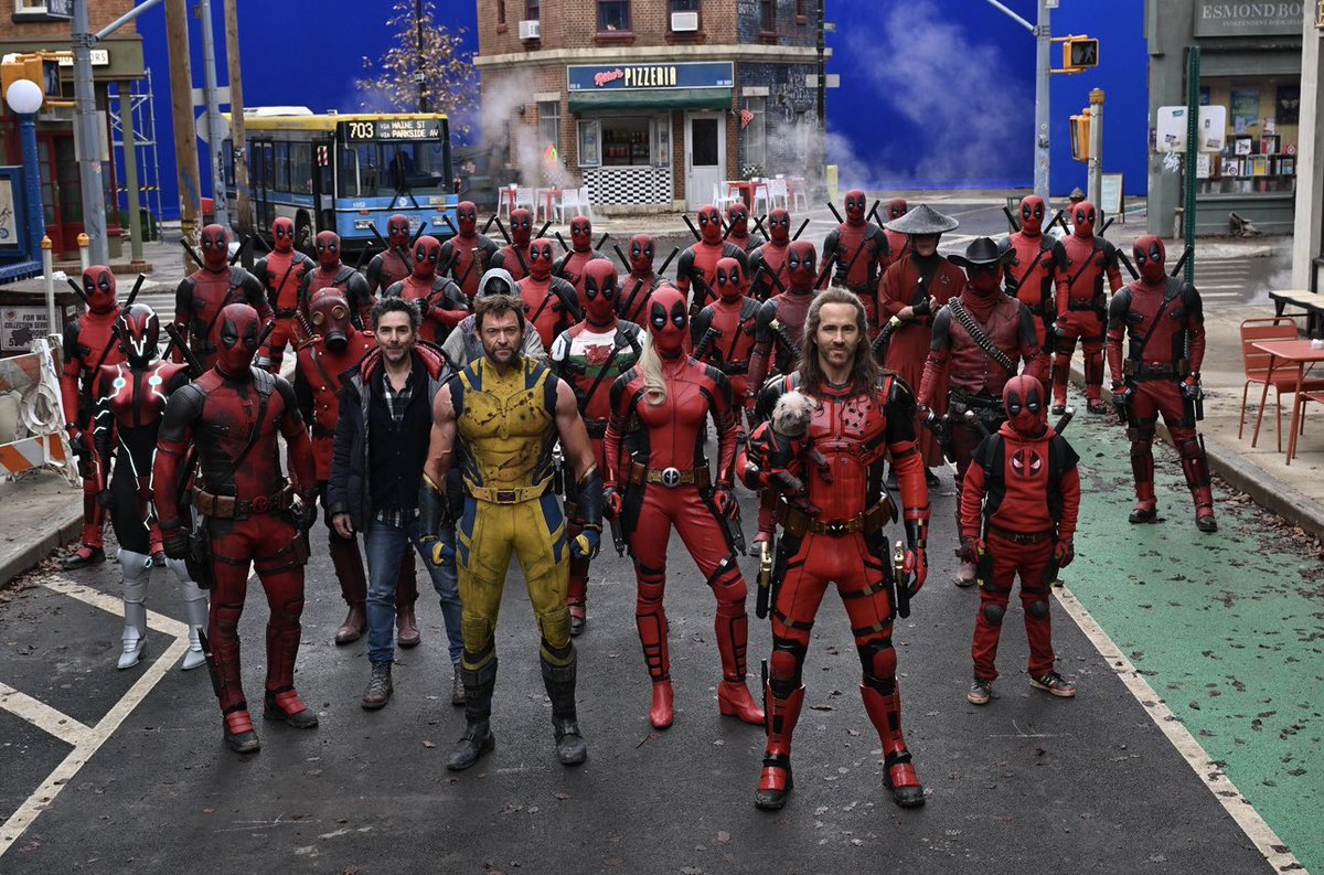 Such an epic photo! #hughjackman #ryanreynolds #shawnlevy #deadpoolandwolverine #blakelively #ladypool #nicepool #dogpool #kidpool #repost 📷: <a href="/slevydirect/">slevy</a>