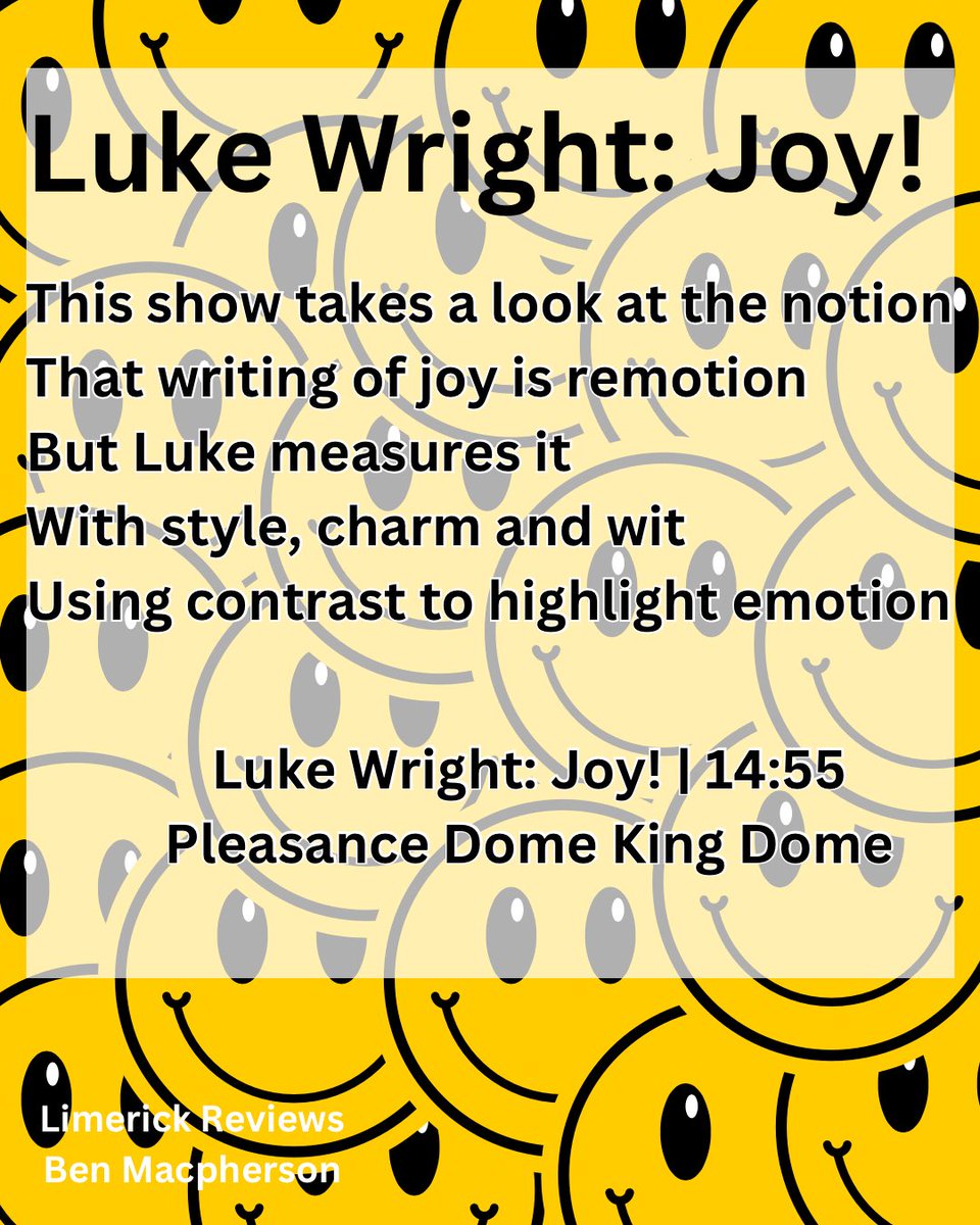 Limerick Review No3. Today! It’s the excellent Luke Wright whose show Joy! Is on <a href="/ThePleasance/">Pleasance</a> #unleashyourfringe #edfringe24 #edfringe #edinburgh #fringe24 #limerickreviews #limerick #poem #EdinburghFringe #EdinburghFringeFestival