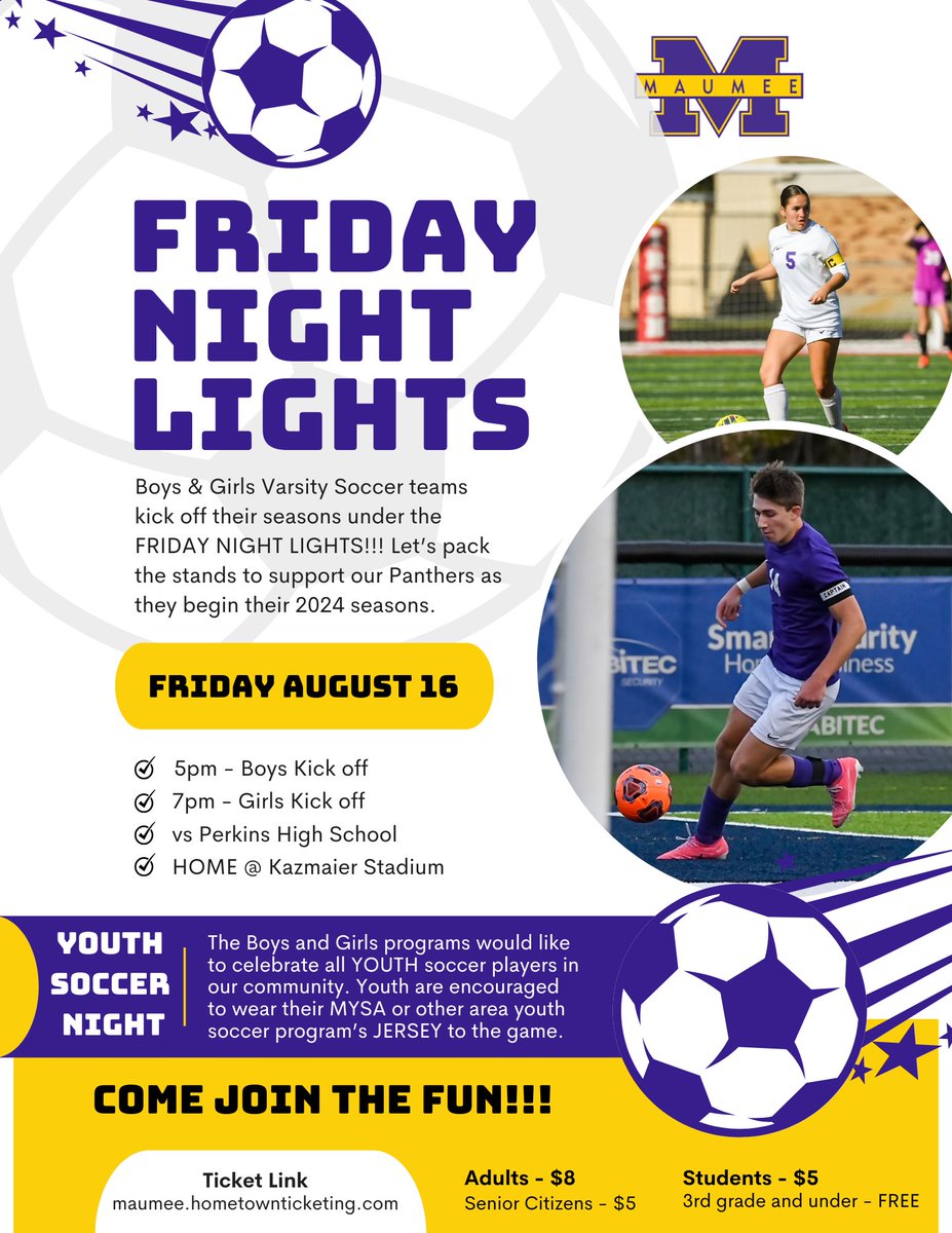 ONE WEEK away!⚽️Soccer season begins under the FRIDAY NIGHT LIGHTS!!! It is also Youth Soccer Night. Come support our current and future Panthers 💜💛 #WeAreMaumee <a href="/SoccerMaumee/">Maumee Soccer</a> <a href="/MaumeeGSOC/">Maumee Lady Panther Soccer</a>