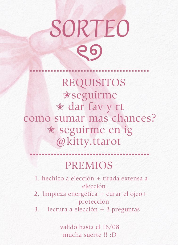 ஜ SORTEO POR EL 1K ˎ´ ༄
requisitos 
🪷 seguirme
🪷 dar fav y rt
como sumar mas chances?
🪷 seguirme en ig 😋 instagram.com/kitty.ttarot?i…
mucha suerte!!! valido hasta el 16/08💕