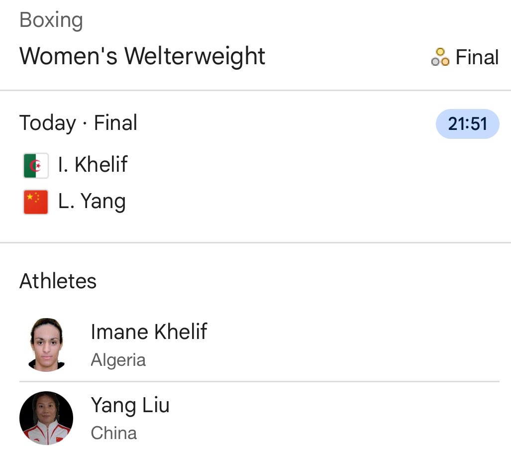 fairplaywomen's tweet photo. Gold medal bout tonight at 9.51 pm UK time.
Khelif (male XY) vs Yang Liu (female).
Male power vs female talent
Follow @fairplaywomen for live result https://t.co/iU8NIKHkkp
