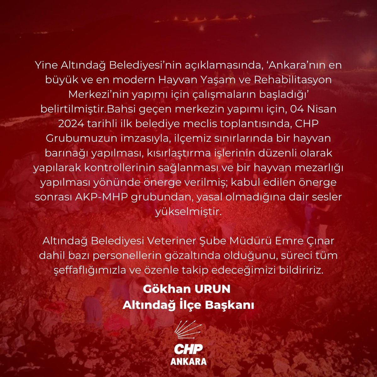 KAMUOYUNA
Dün geceden beri özenle ve bir o kadar da dehşetle takip ettiğimiz üzere, Altındağ Belediyesi tarafından gerçekleştirildiği iddia edilen ‘hayvan katliamı’na ilişkin olarak, sürecin yakından takipçisi olduğumuzu sizlere ilan ediyoruz.
Akşam saatlerinde, duyarlı genç bir