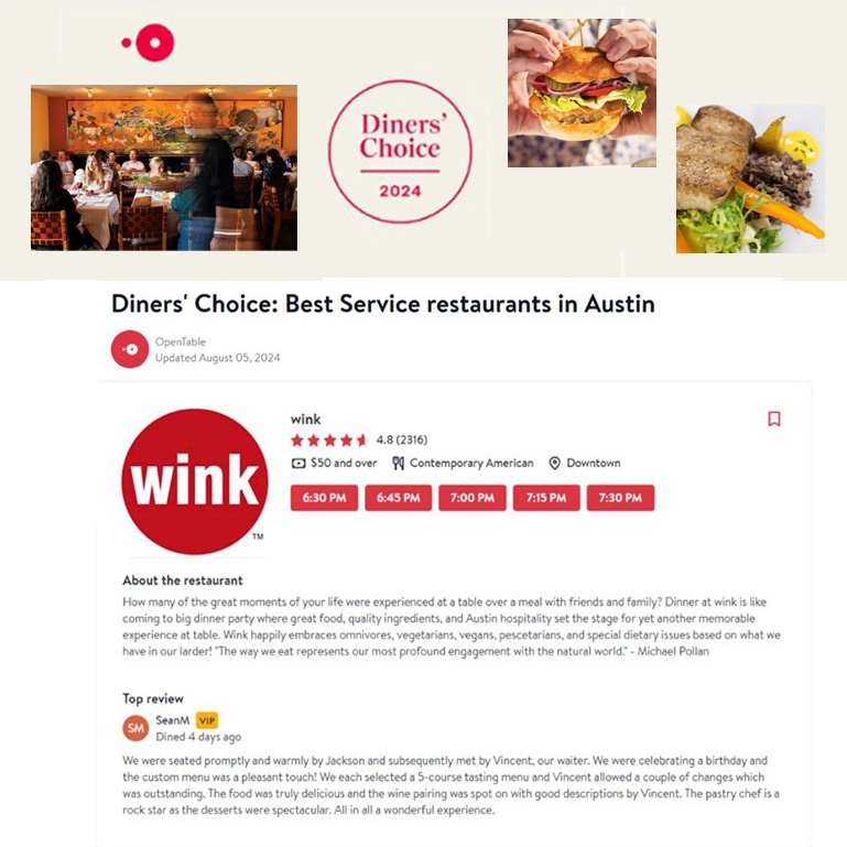 OpenTable Diner's Choice Awards 2024 : Best Service in Austin !!!  Make Reservations at winkrestaurant.com/opentable  #ATXrestaurants 
#austintexas #austintx #atxlife
#customerreview #customerfeedback #reviews #awardwinning