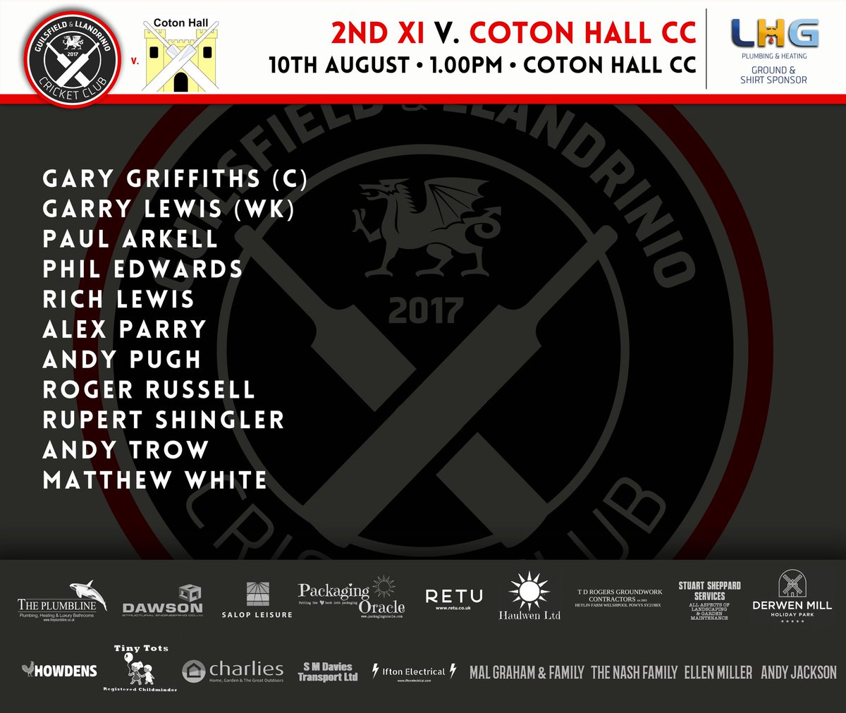 Guilsfield & Llandrinio Cricket Club (@guilsfieldcc) on Twitter photo Team sheets are in, 1sts host Church Aston CC at The LHG Oval. 2nds are away at <a href="/cotonhallcc/">Coton Hall Cricket</a>
Match kindly sponsored by Derwen Mill Holiday Park, ball sponsored by our very own Rhodri Parfitt, huge thanks to both.
Good luck everyone.
<a href="/mansfieldsportg/">Mansfield Sports Group</a>
<a href="/ShropCCLeague/">ShropshireCCLeague</a> Team sheets are in, 1sts host Church Aston CC at The LHG Oval. 2nds are away at <a href="/cotonhallcc/">Coton Hall Cricket</a>
Match kindly sponsored by Derwen Mill Holiday Park, ball sponsored by our very own Rhodri Parfitt, huge thanks to both.
Good luck everyone.
<a href="/mansfieldsportg/">Mansfield Sports Group</a>
<a href="/ShropCCLeague/">ShropshireCCLeague</a>