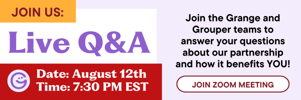StateGrange's tweet photo. Join our Live Q&amp;A Session to learn more and get your questions answered directly from Grouper and Grange representatives. Date: August 12th | Time: 7:30 PM ET / 4:30PM PT | Join via Zoom: https://t.co/Q6VXsbr1Iu. https://t.co/PGCW7TKH66