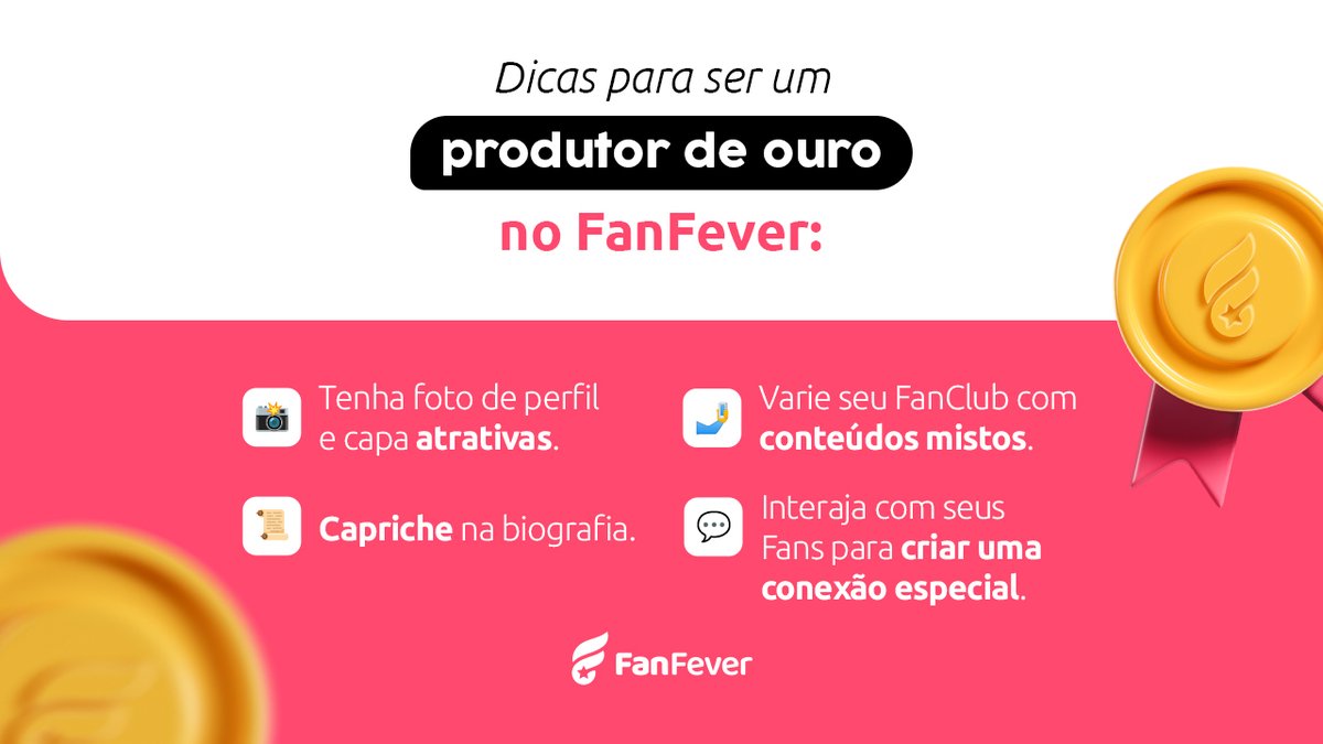 Quer ser uma produtora de sucesso no FanFever? 🏅 Siga essas dicas e veja sua carreira decolar! 🚀 Aqui no FanFever, você tem ferramentas e recursos incríveis para criar conteúdos, engajar sua audiência e lucrar muito.

Eleve a temperatura, seja FanFever! 🔥
