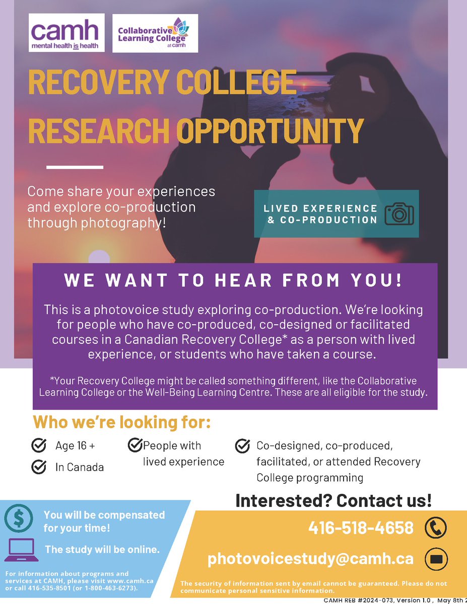 CAMHResearch's tweet photo. Do you have experience in co-designing, co-producing, facilitating, or attending #RecoveryCollege programming?

Join us in sharing your perspective through photography!

#research #CoProduction #CoProduced  #MentalHealth #photovoice #livedexperience #recovery #recruitment https://t.co/s9dXrXy1n3