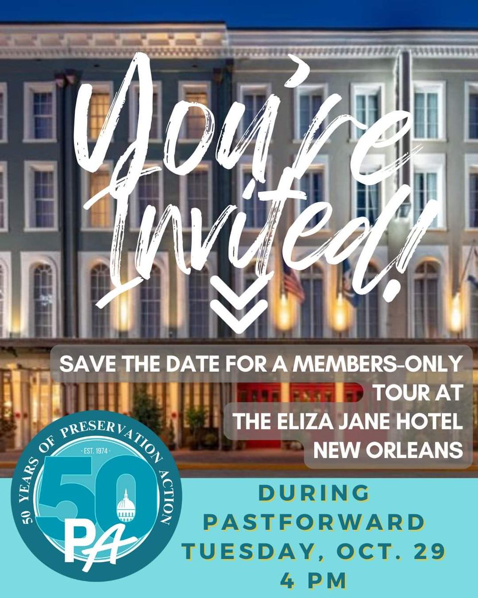 Save the date for a #PreservationAction Members-Only tour during PastForward in New Orleans! Become a member today to join us on an exclusive tour of Eliza Jane Hotel, a NOLA boutique hotel rehabilitated with #historictaxcredits on Oct 29 at 4 PM. preservationaction.org/joinanddonate/…