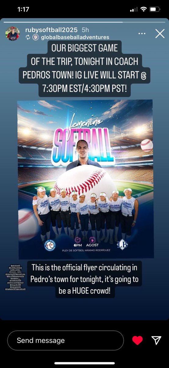 RBartholomew3's tweet photo. So excited to play softball tonight in Coach Pedro Liriano’s home town!!! Game live streamed on Instagram. https://t.co/trokZ0JyzR
