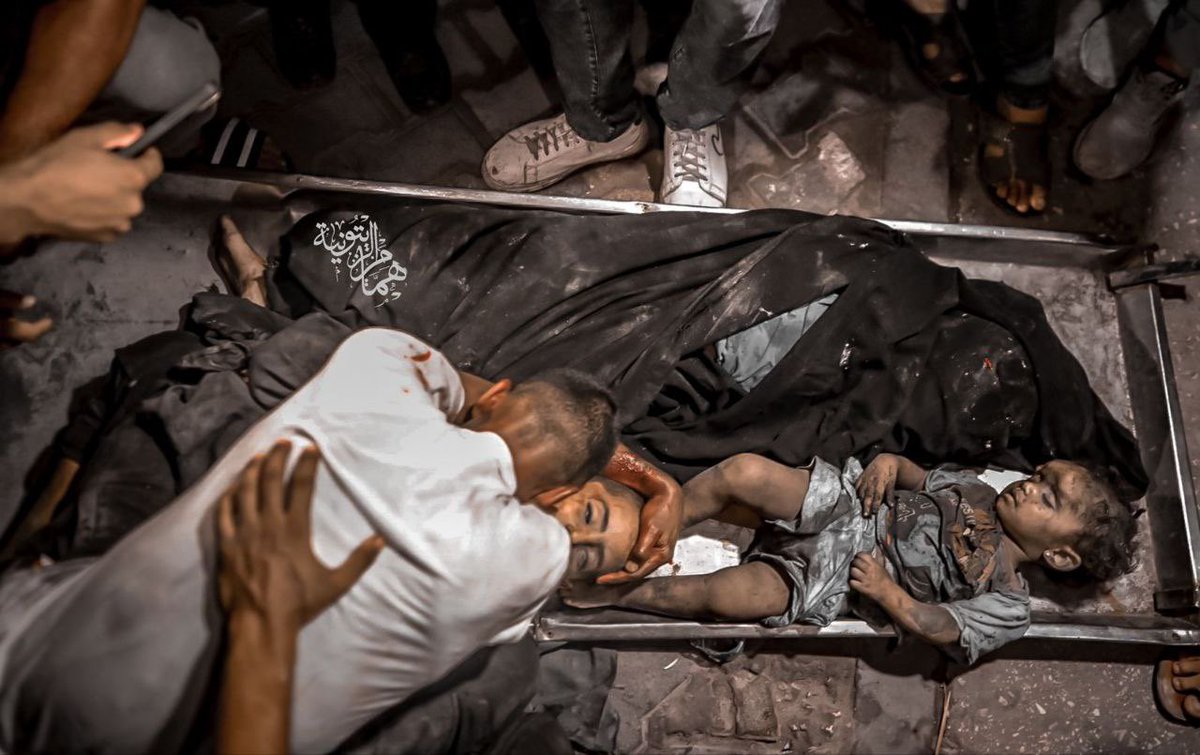 Today, Israel killed 31 Palestinian infants and children. On average, Israel kills one child every 15 minutes.

-This image shows the farewell of children from the Abu Gaza family, who were killed by Israel today.