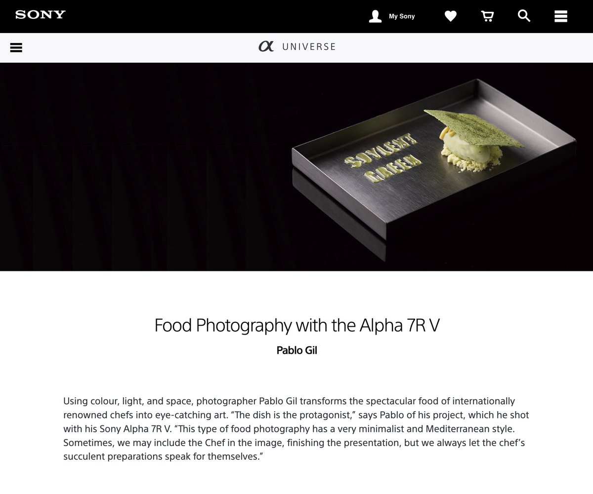 En <a href="/SonyEspana/">Sony España</a> <a href="/sonyproeurope/">Sony | Professional Europe</a>  #Alphauniverse han publicado este artículo sobre mi trabajo relacionado con la fotografía de #AltaCocina. Muchas gracias a por compartir mi trabajo en el sector #Horeca sony.es/alphauniverse/…