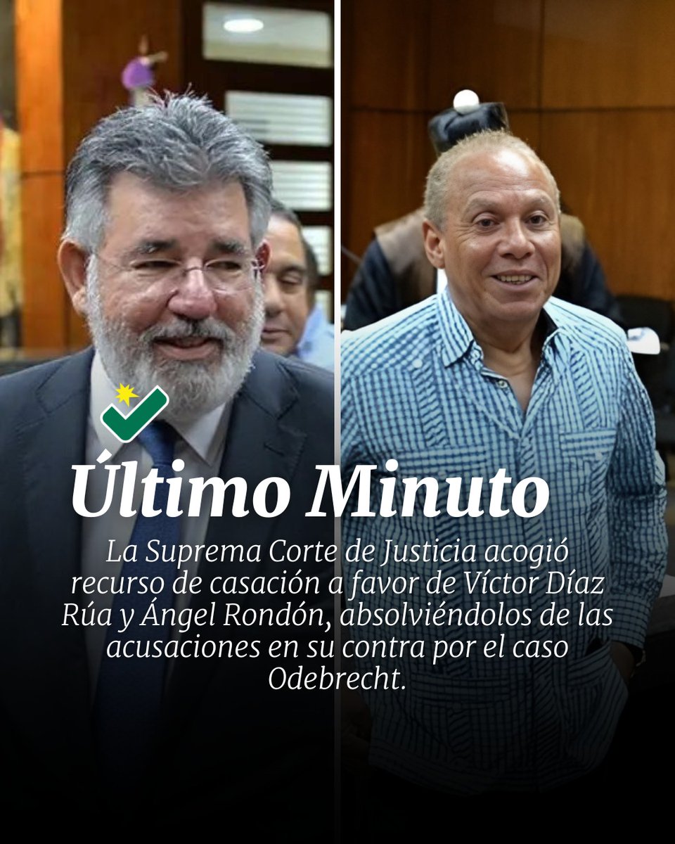 🔴|#ÚltimoMinutoDL| La Suprema Corte de Justicia de la República Dominicana acogió el viernes un recurso de casación a favor de Víctor Díaz Rúa y Ángel Rondón, absolviéndolos de las acusaciones en su contra por el caso Odebrecht.

#DiarioLibre #Odebrecht