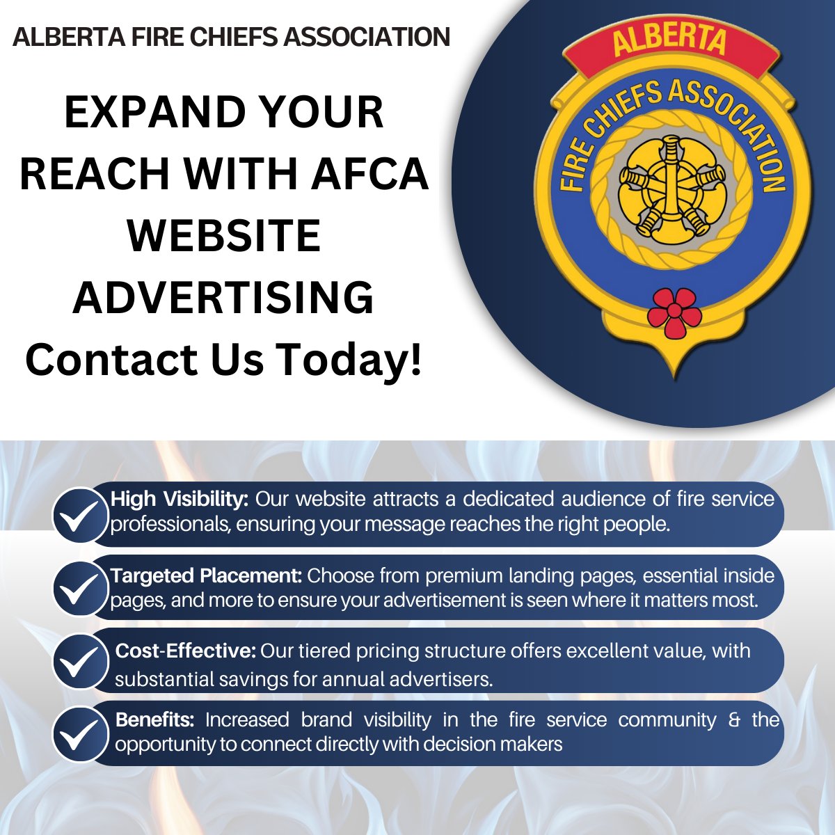 AFCA website advertising opportunities are designed to provide greater value and accessibility for our members and partners. Increase your brand &amp; connect.
For more information or to book your advertisement, click on the link afca.ca/contactafca to contact the AFCA