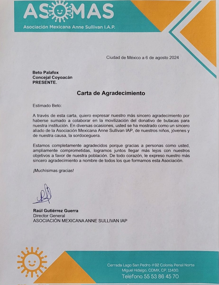 Recibo con gran satisfacción el reconocimiento de la Asociación Mexicana Anne Sullivan I.A.P. 
Ha sido un honor poder contribuir, estoy seguro de que estas nuevas butacas mejorarán la calidad de vida de los estudiantes con sordoceguera.

Estoy a sus órdenes.