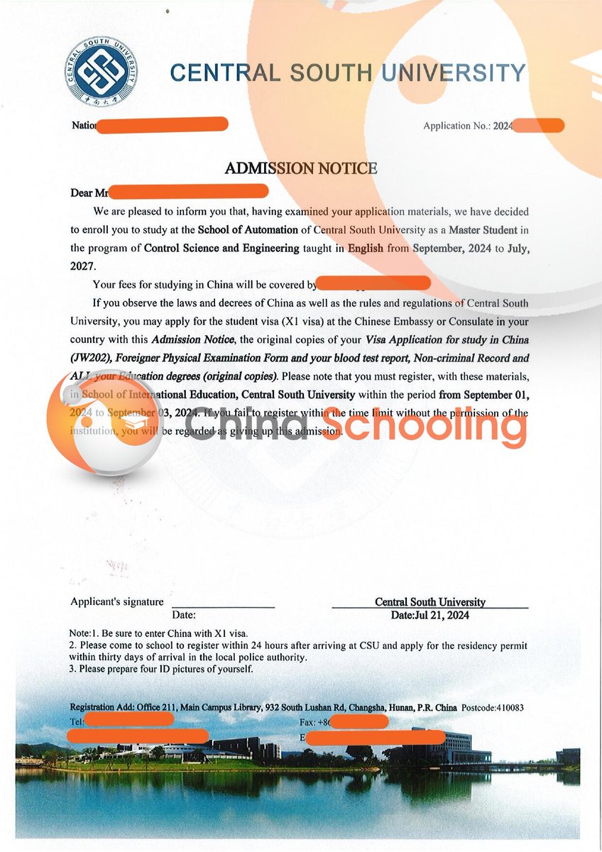 chinaschooling's tweet image. We are pleased to announce another successful admission to Central South University, one of China&apos;s top institutions. 

Connect with Us Today:
WeChat: chinaschooling
WhatsApp: +8617768108805 | +8613160095025
Website: chinaschooling.com
#StudyInChina #CentralSouthUniversity