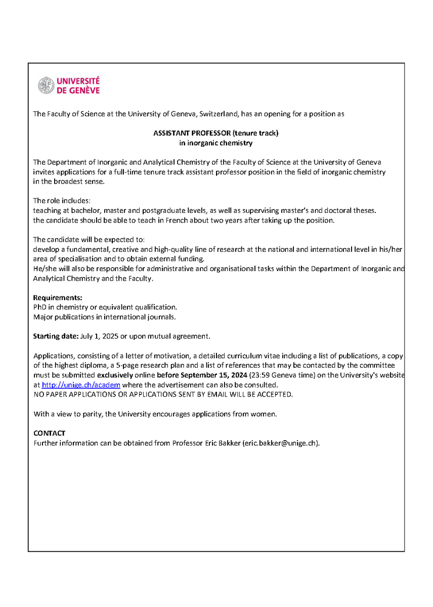 Exciting news! 🚀 Our department has an opening for a tenure-track Assistant Professor in inorganic chemistry <a href="/unige_en/">UNIGE_en</a>
🔗 jobs.unige.ch/www/wd_portal.…
Please spread the word &amp; encourage scientists ready to start their own labs to apply! #FacultyPosition

🗓️ Deadline: September 15th.