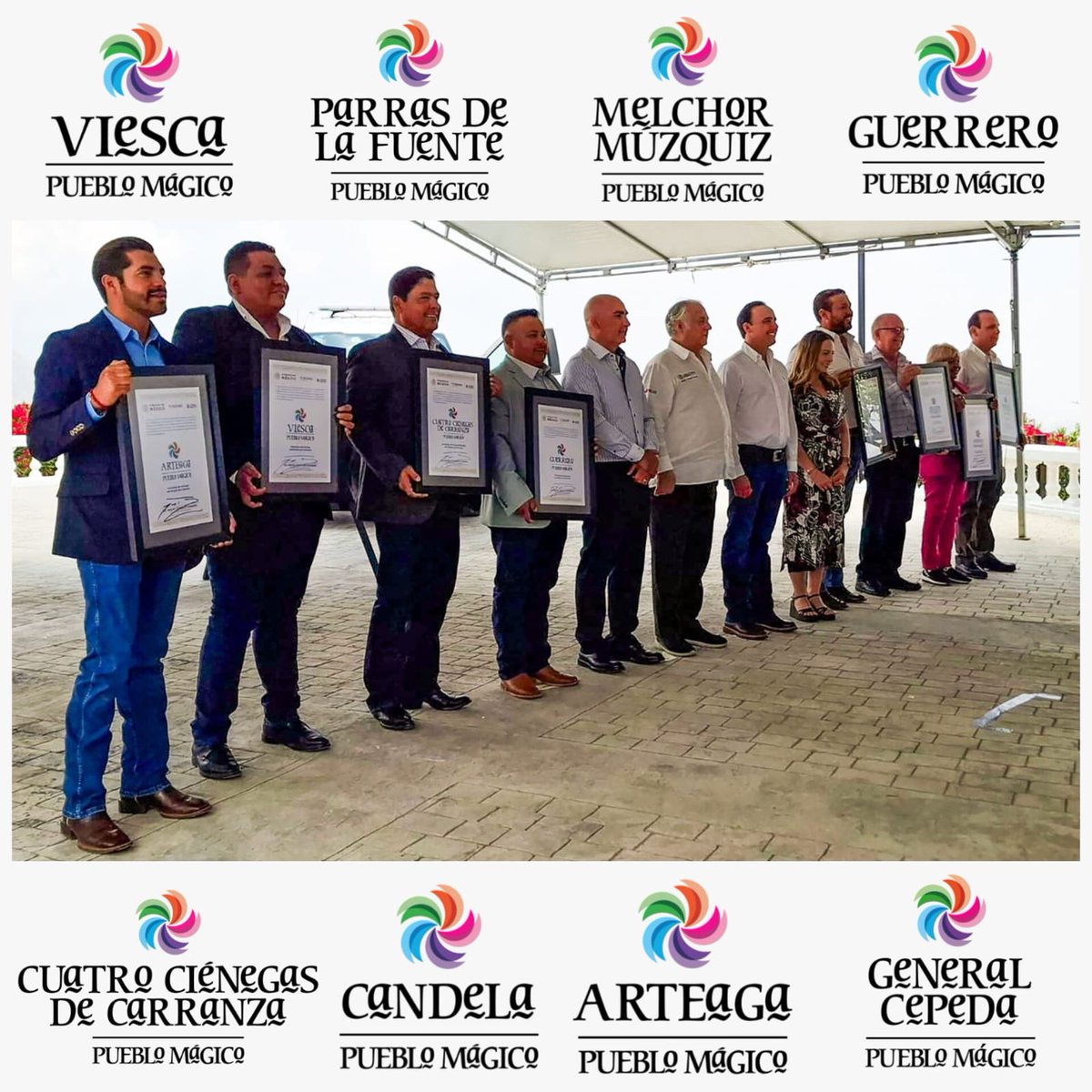 TorrucoTurismo's tweet photo. Con el gobernador @manolojim, la secretaria de #Turismo @CristinaAmezcua y alcaldes de #Coahuila entregamos la actualización de nombramientos como #PuebloMágico a #Arteaga, #Candela, #CuatroCiénegas, #Guerrero, #MelchorMúzquiz, #ParrasDeLaFuente, #GeneralCepeda y #Viesca. https://t.co/PUg43SOPVN