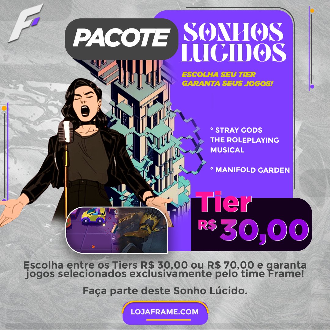 FrameCompanyBR's tweet photo. PACOTE SONHOS LÚCIDOS - Tier 30

Stray Gods e Manifold Garden disponíveis AGORA MESMO no Bundle Sonhos Lúcidos da Frame por apenas R$ 30,90

Faça parte dessa aventura. https://t.co/sHC6artUgy